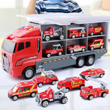 Seun & Amana Feuerwehr Transporter Set mit 6 Miniaturfahrzeugen, Kunststoff Spielzeugauto Carrier, 35x9x15cm, mit Katapult-Funktion, Lichteffekte, für Kinder ab 3 Jahre - Image 2