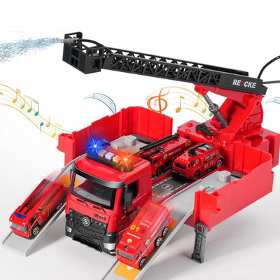 Feuerwehr Spielzeug mit Wasserstrahl, Transformierbare Rettungsfahrzeug mit Leiter, Spielzeug Auto mit Rennstrecke für Indoor & Outdoor, Geschenk für Jungen Mädchen ab 3 Jahre