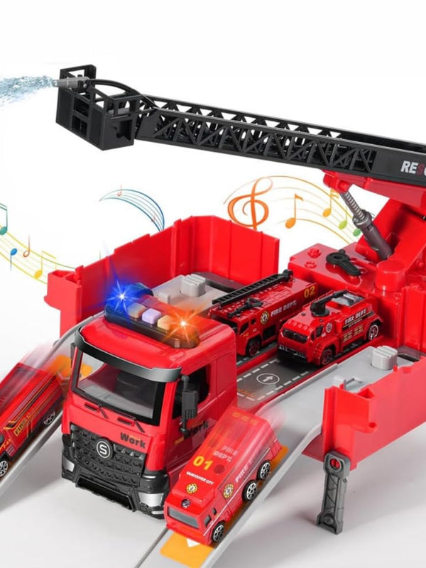 Feuerwehr Spielzeug mit Wasserstrahl, Transformierbare Rettungsfahrzeug mit Leiter, Spielzeug Auto mit Rennstrecke für Indoor & Outdoor, Geschenk für Jungen Mädchen ab 3 Jahre