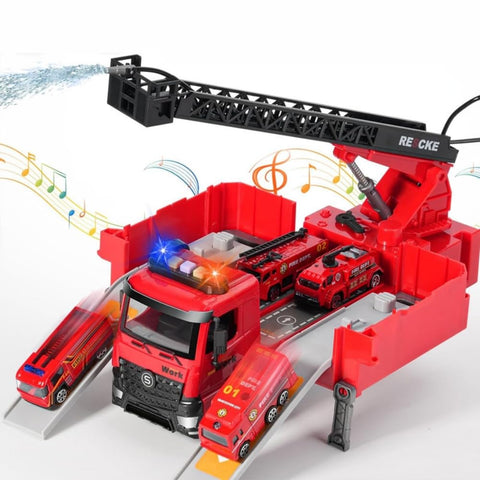 Feuerwehr Spielzeug mit Wasserstrahl, Transformierbare Rettungsfahrzeug mit Leiter, Spielzeug Auto mit Rennstrecke für Indoor & Outdoor, Geschenk für Jungen Mädchen ab 3 Jahre