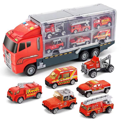 Seun & Amana Feuerwehr Transporter Set mit 6 Miniaturfahrzeugen, Kunststoff Spielzeugauto Carrier, 35x9x15cm, mit Katapult-Funktion, Lichteffekte, für Kinder ab 3 Jahre