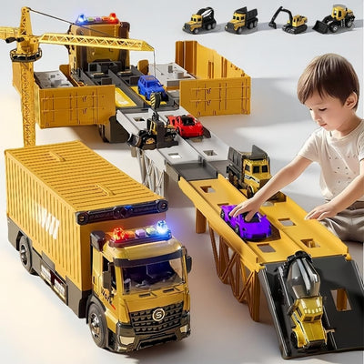 Baufahrzeug Spielzeug Set für Kinder 3-7 Jahre - LKW mit Kran, Licht & Sound - Transportauto Rennstrecke & Baustellen-Set - Geschenk für Jungen Mädchen zu Geburtstag Weihnachten