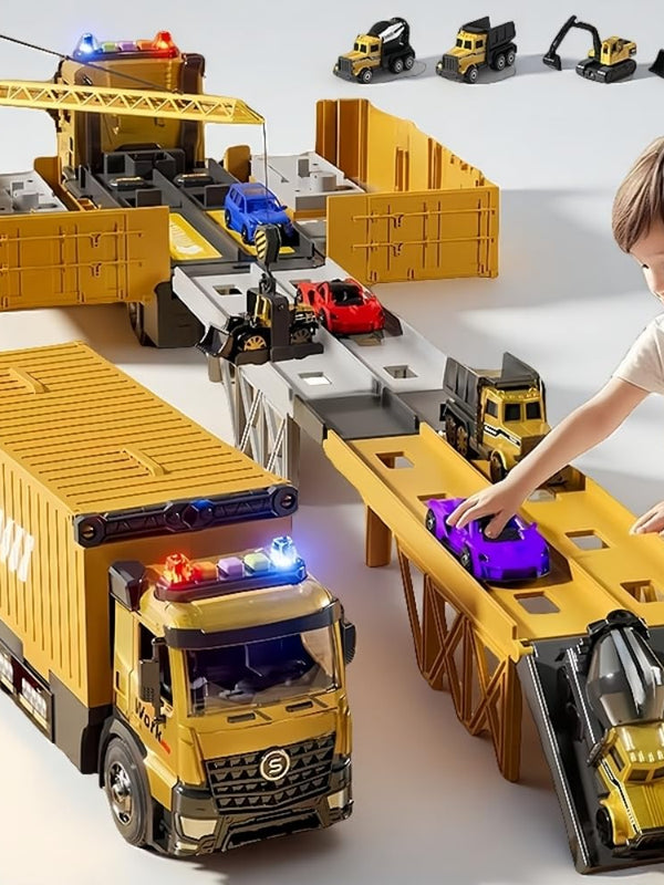 Baufahrzeug Spielzeug Set für Kinder 3-7 Jahre - LKW mit Kran, Licht & Sound - Transportauto Rennstrecke & Baustellen-Set - Geschenk für Jungen Mädchen zu Geburtstag Weihnachten