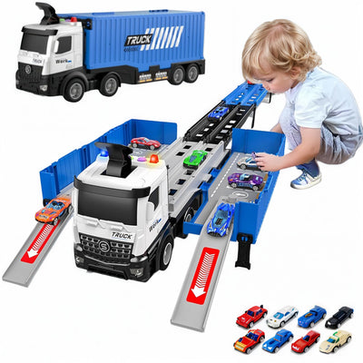 LKW-Rennstrecke Spielzeug für Kleinkinder, faltbare 3-Ebenen-Rennbahn, Spielzeug-LKW mit Transportauto & 8 Rennwagen, Geschenk für Jungen und Mädchen ab 3 4 5 6 Jahren Weihnachtsgeschenk