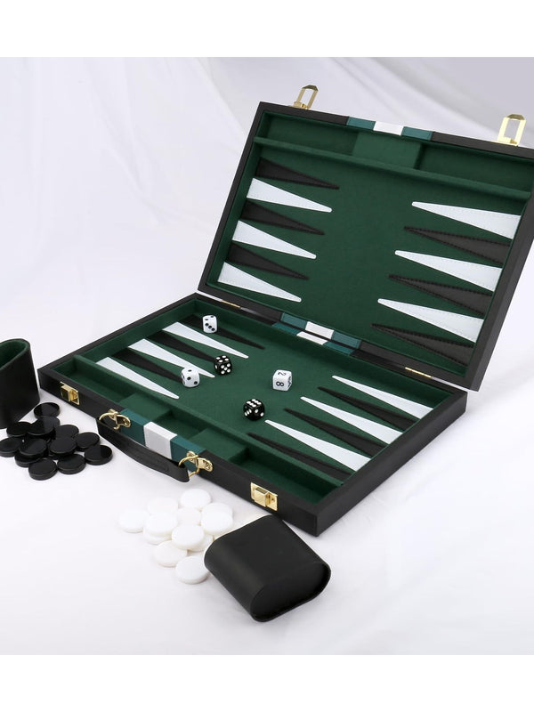 Queensell Backgammon-Set, Luxuriöses Brett aus Holz mit Braun-Grauem Design, 2 Würfelbecher, Spielsteine und Würfel - Backgammon game set-Black (SKU TS-733-BLACK) | Seun & Amana